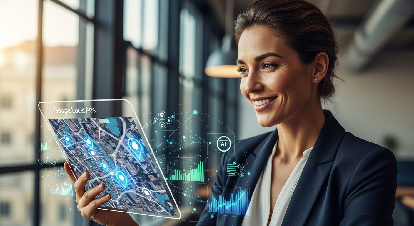 Local business owner looking at AI analytics dashboard
