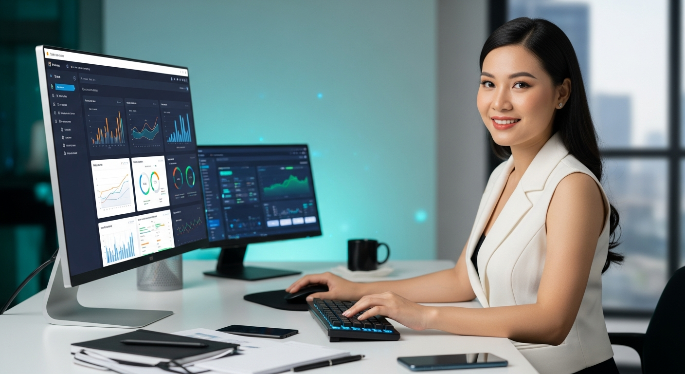 Nữ lãnh đạo doanh nghiệp Việt Nam mặc vest trắng đang điều hành hệ thống Marketing Automation hiện đại