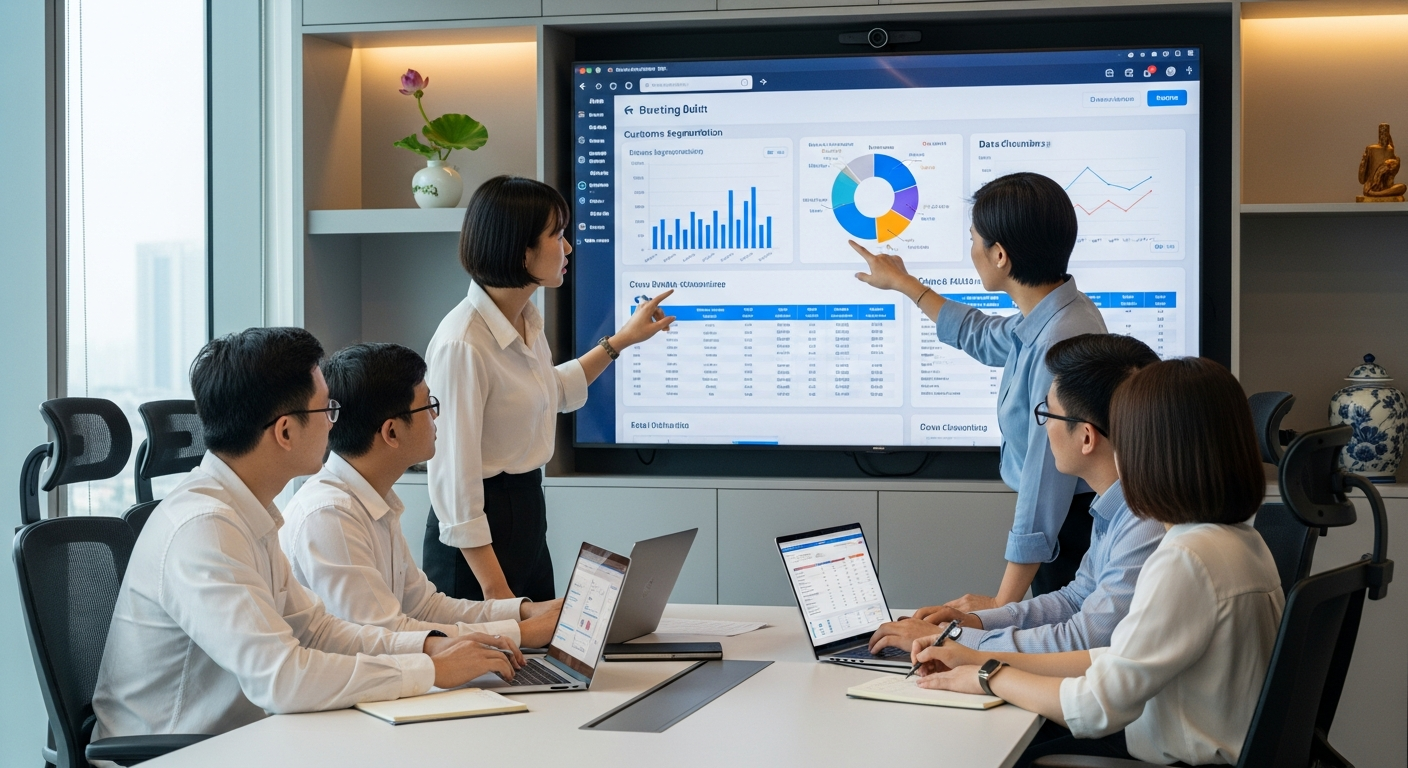 Đội ngũ chuyên gia marketing Việt Nam đang phân tích dữ liệu khách hàng để tối ưu hóa quy trình tự động hóa