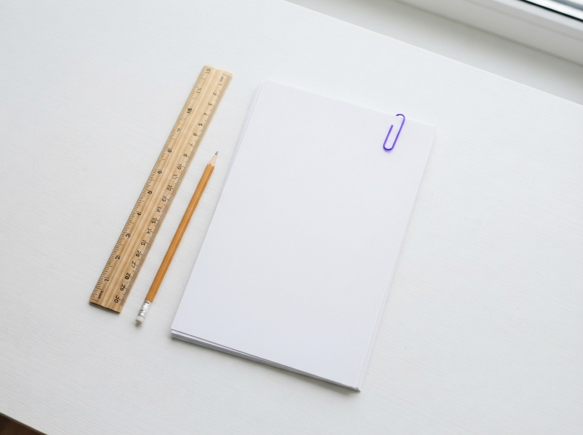 Overhead view of a white desk with a neat stack of plain printed pages, a violet paperclip, a wooden ruler and a pencil arranged with care