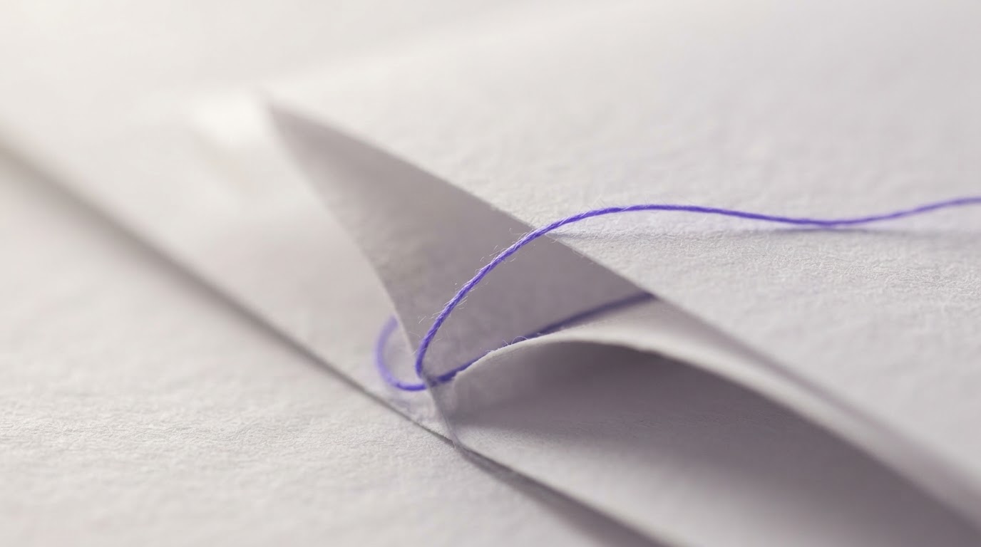 Abstract macro of soft folded white paper catching side light with a thin violet thread running through the folds