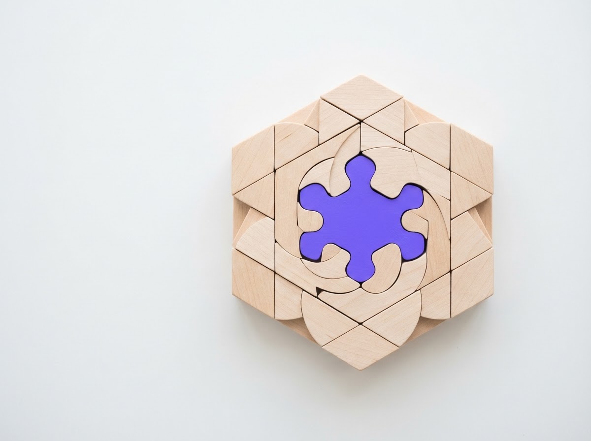 Interlocking pale wood shapes fitted flush into a single finished form on white, one violet piece seated in the middle