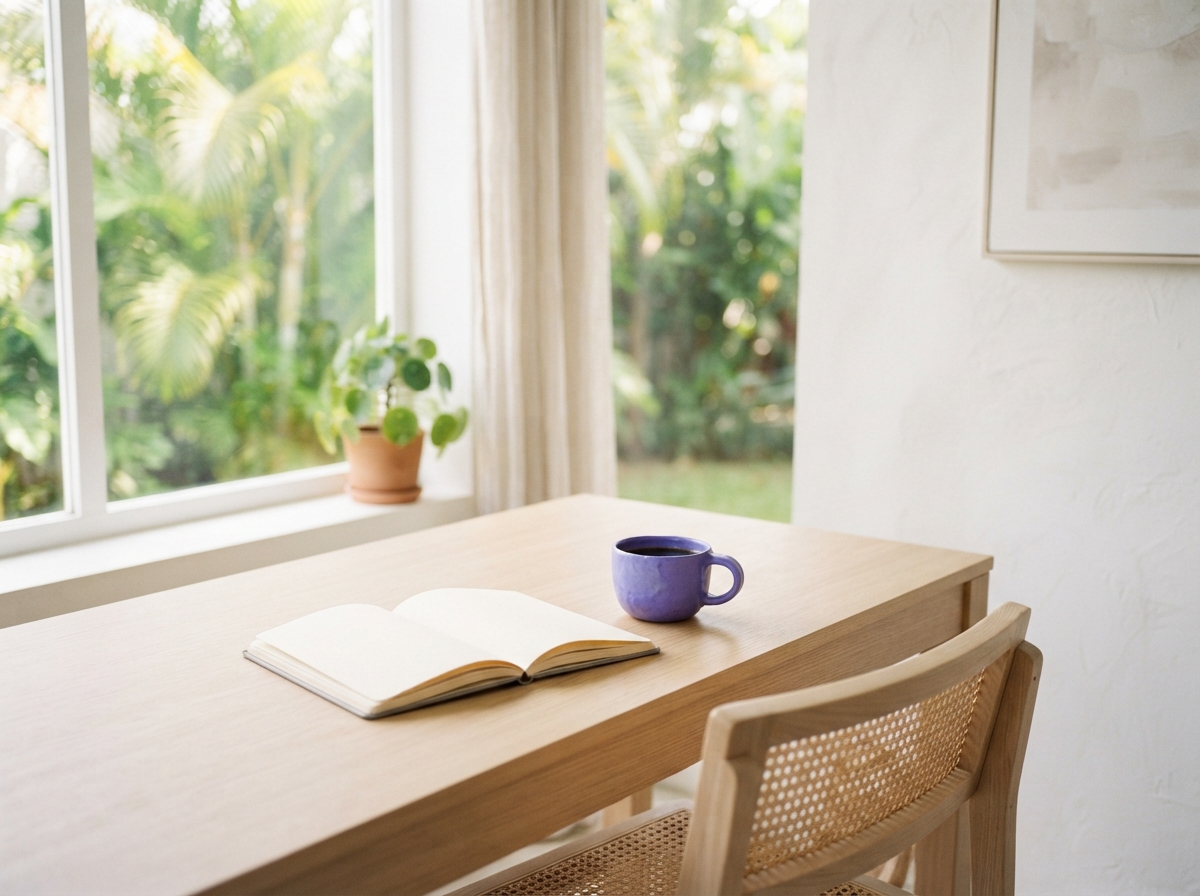 A bright workspace by a large window with tropical daylight, a pale desk, an empty chair, an open notebook and a violet ceramic cup