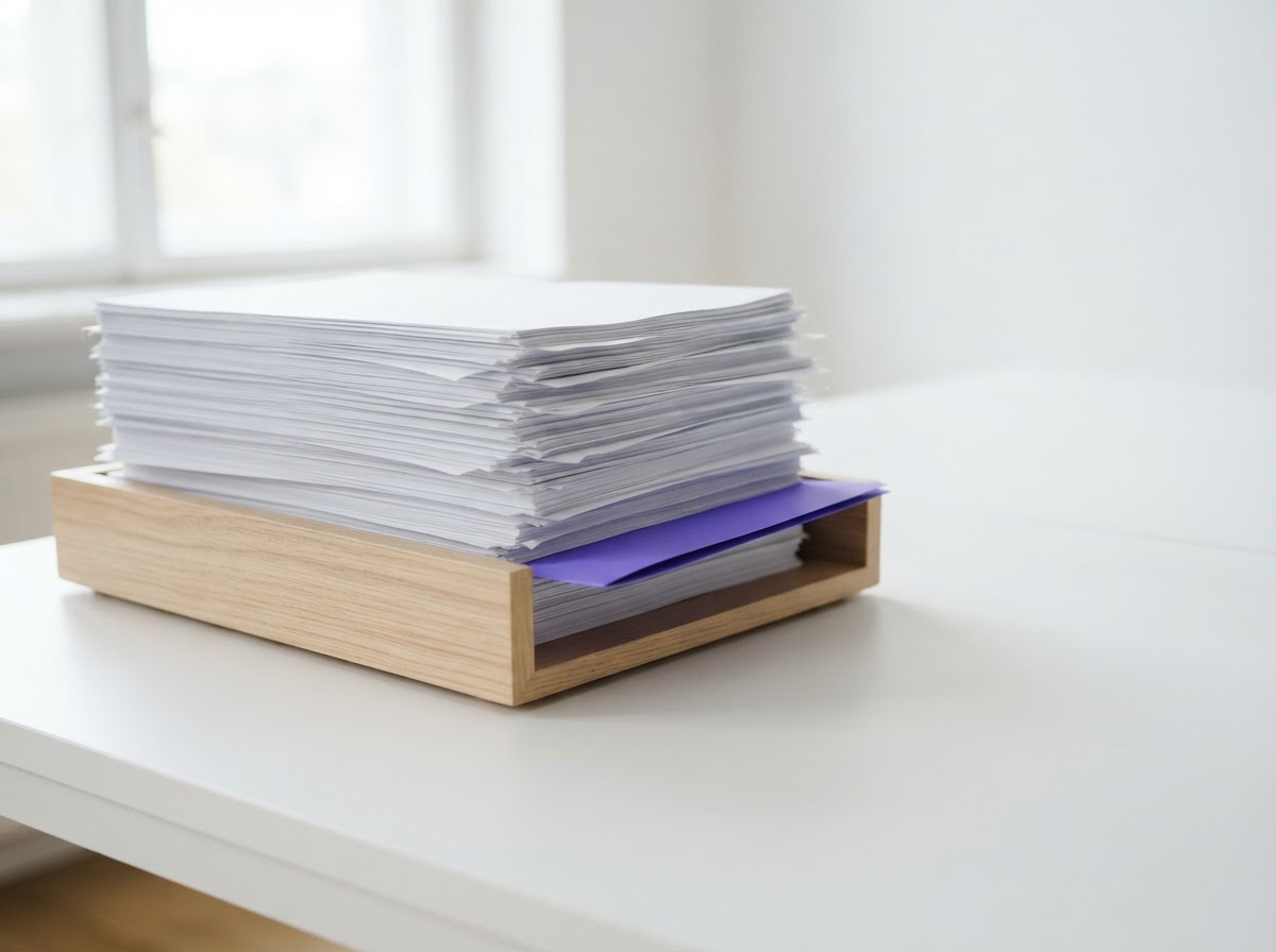 A pale wood in-tray on a white desk, stacked high with plain paper, one violet folder near the bottom