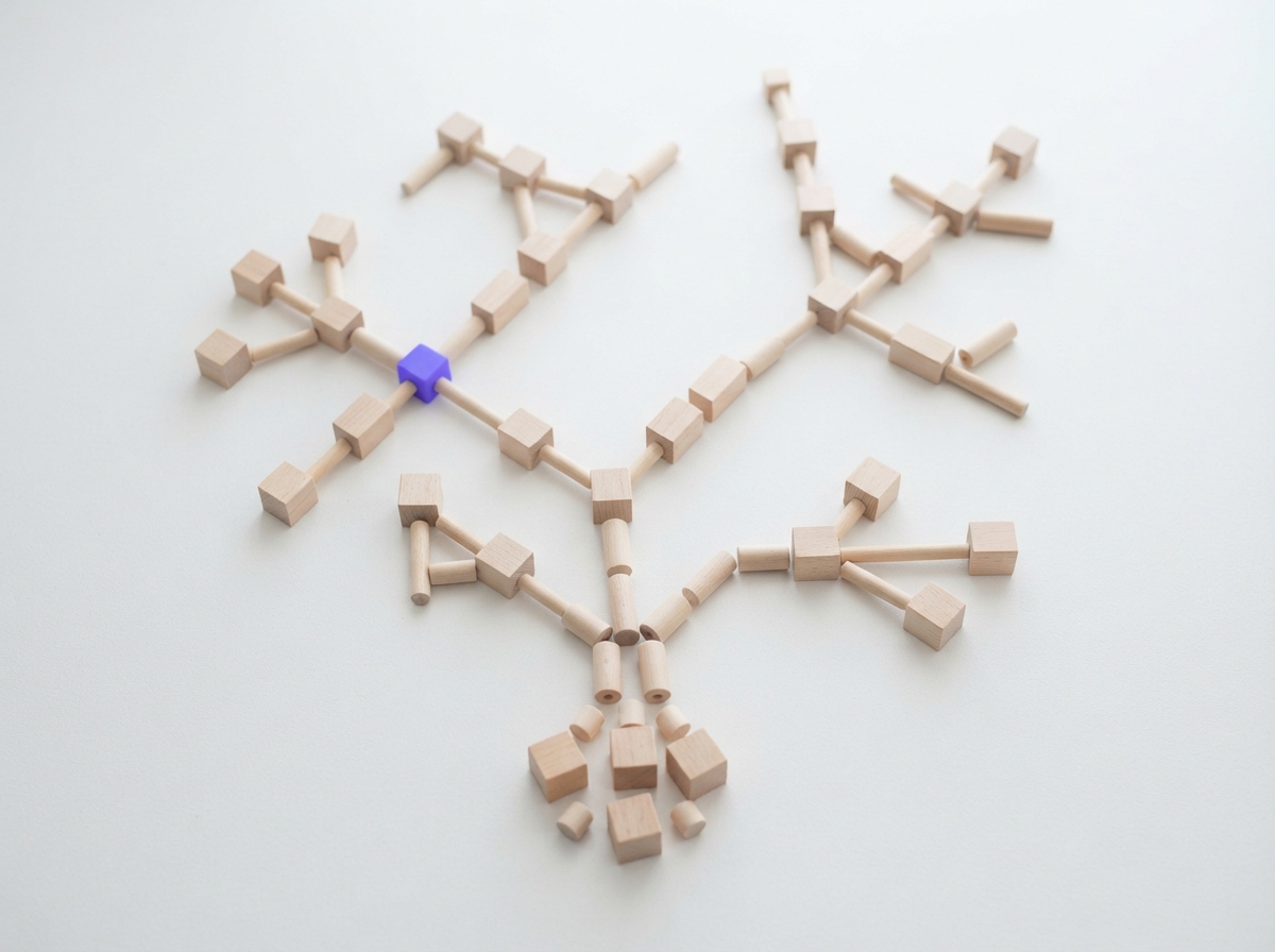 Flat lay of small pale wooden blocks and connectors arranged into a branching system diagram on a white surface, with one violet connector