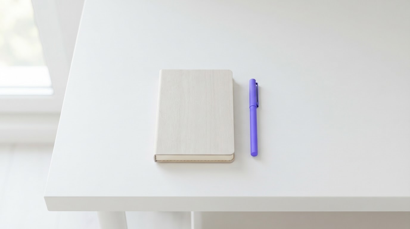 A completely clear white desk in morning light with a closed pale wood notebook and one violet pen placed square to the edge