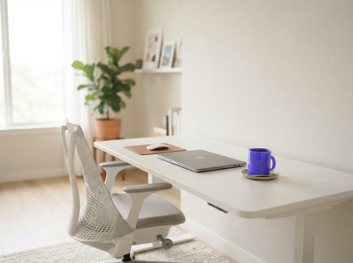 A tidy home office corner in bright daylight with an empty chair pushed back from a clean desk and a violet mug beside a closed laptop
