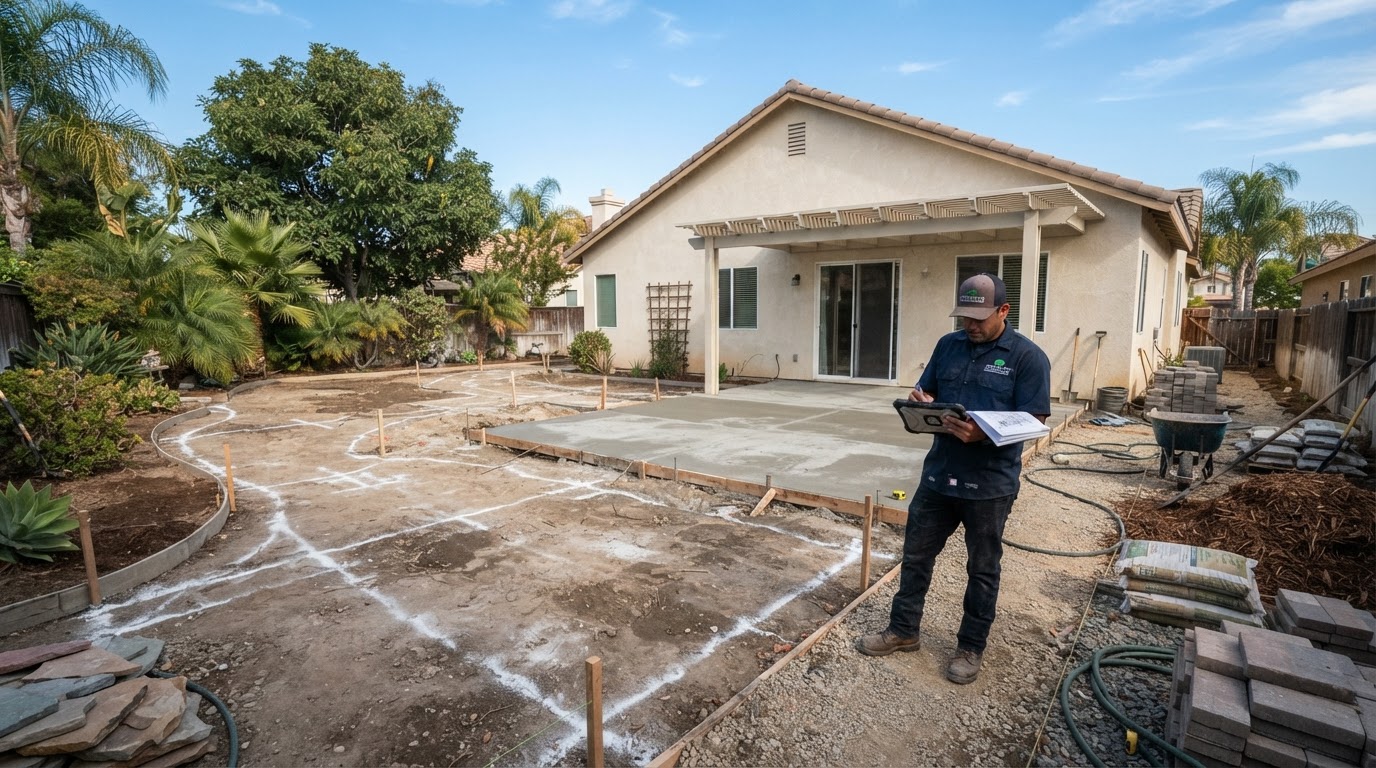 Landscape professional reviewing plans beside a partially completed residential backyard patio