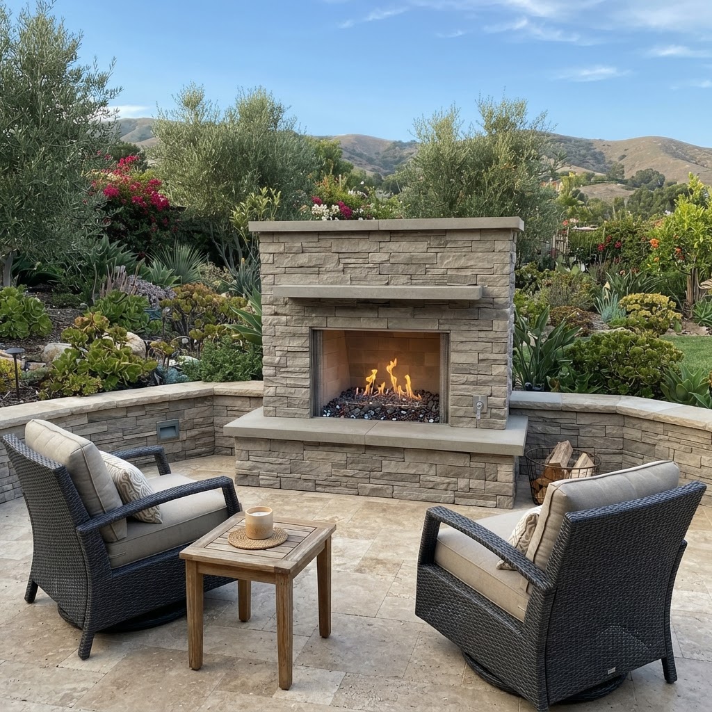 Manufactured outdoor fireplace system with directional seating facing the firebox in a Ventura County backyard