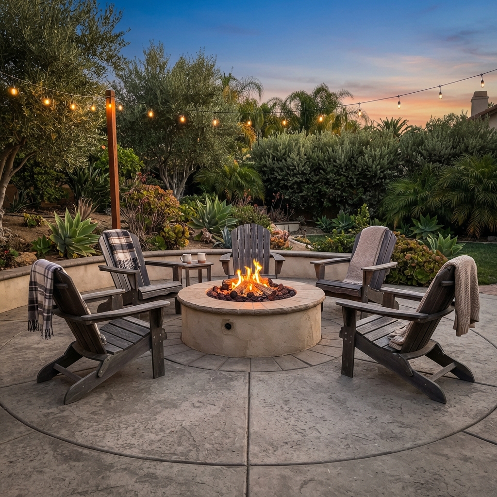 Circular outdoor fire pit with Adirondack chairs arranged on a concrete patio in a Ventura County backyard