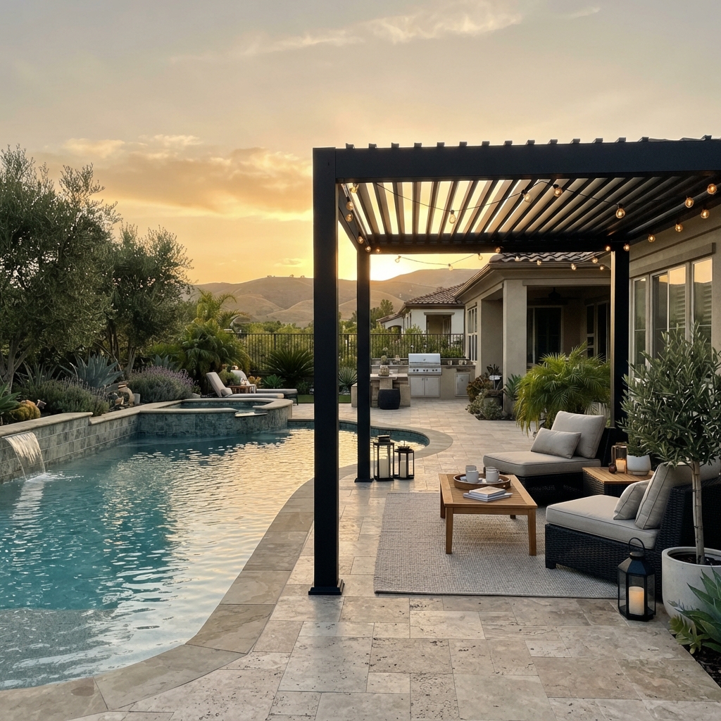 Freestanding aluminum pergola with modern design over lounge seating near a pool in Ventura County