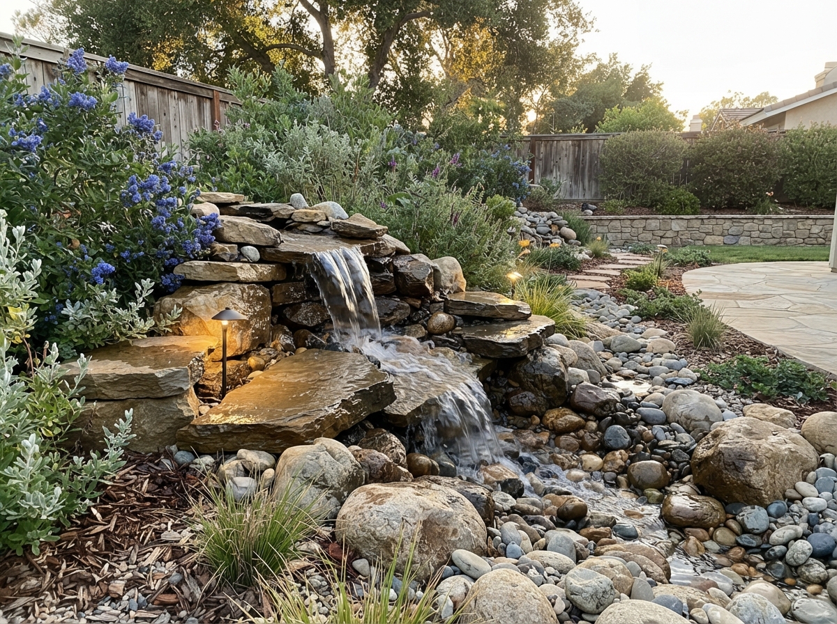 Pondless waterfall with concealed reservoir flowing over flat stone slabs into river rock in a Ventura County backyard