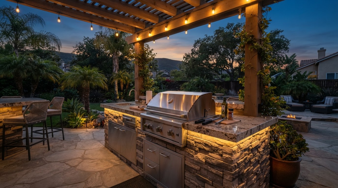 Custom outdoor kitchen with built-in grill, stone veneer island, and pergola with string lights at dusk in Camarillo