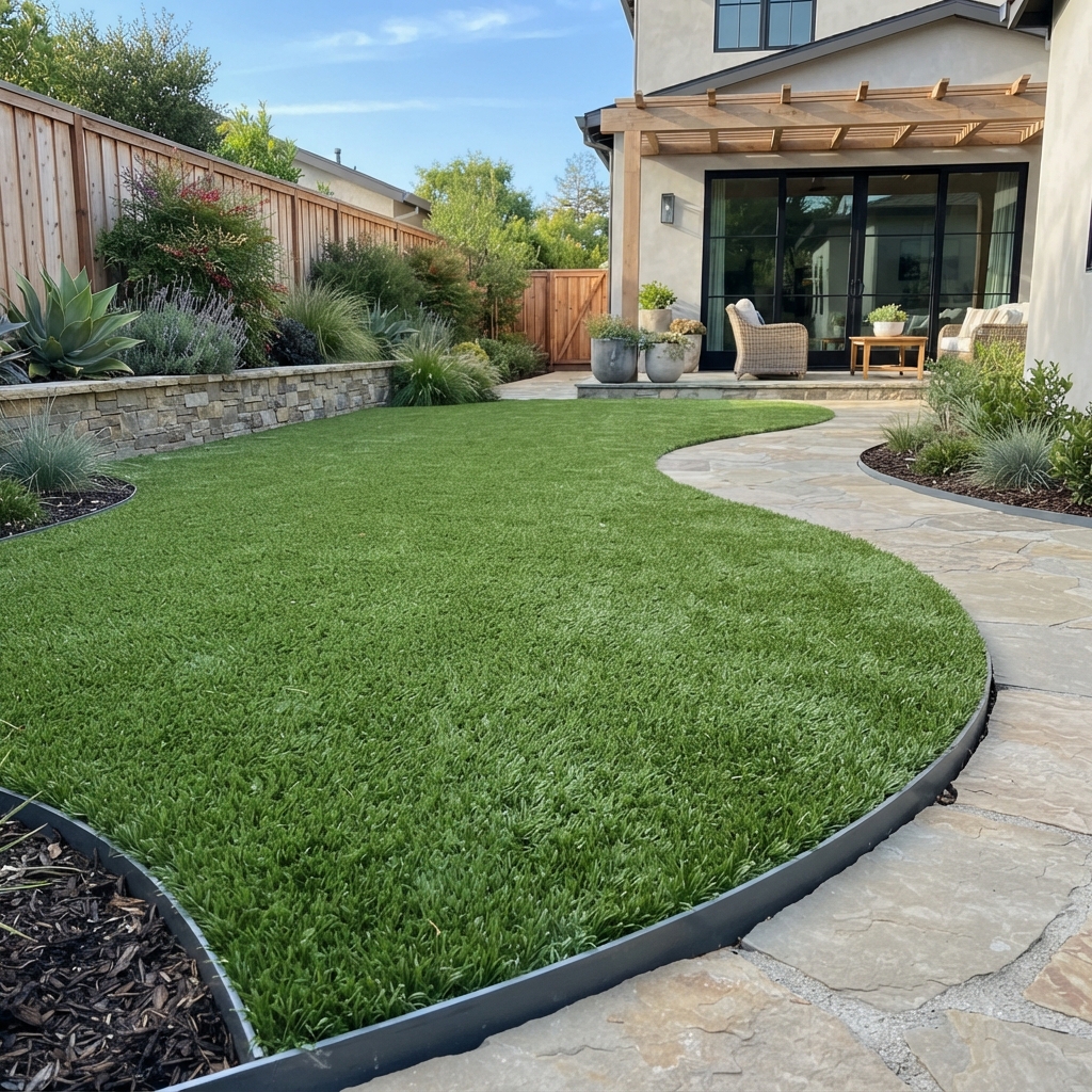 Artificial grass installation in a residential backyard in Ventura County
