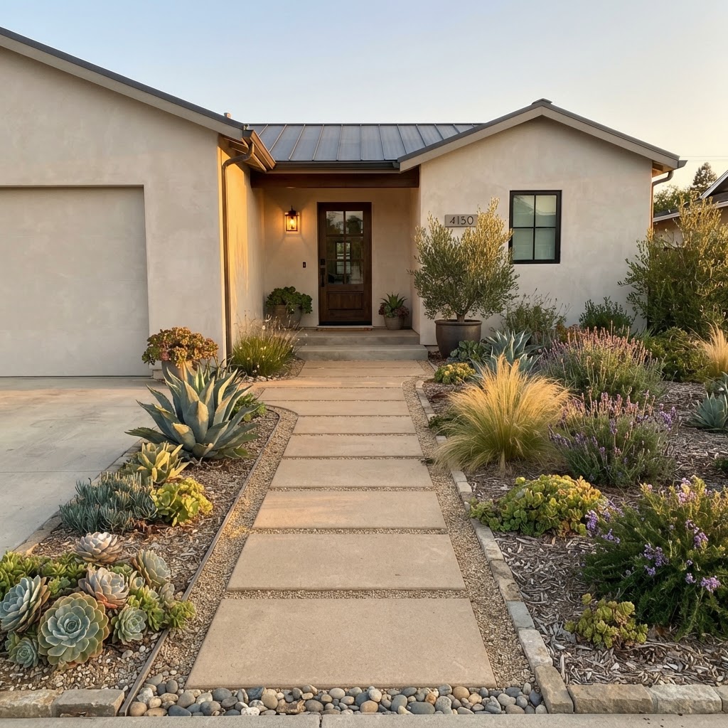 Front entry paver walkway connecting a driveway to a front door in a Camarillo residential yard with drought-tolerant landscaping