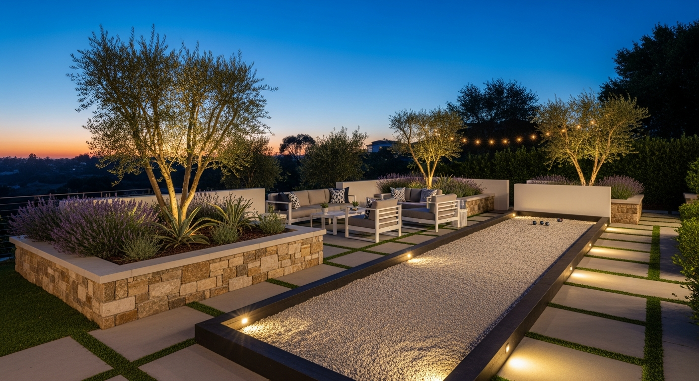 Custom bocce ball court with seating area at a Ventura County residential property