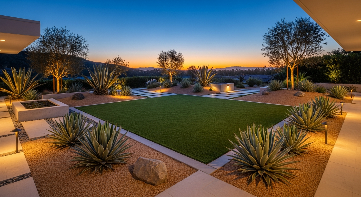 Drought-tolerant landscape with succulents, ornamental grasses, and decomposed granite at a Camarillo home