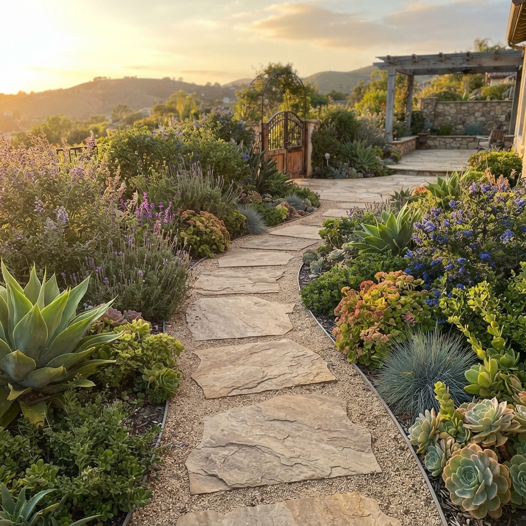 Flagstone garden path winding through drought-tolerant planting in a Camarillo backyard