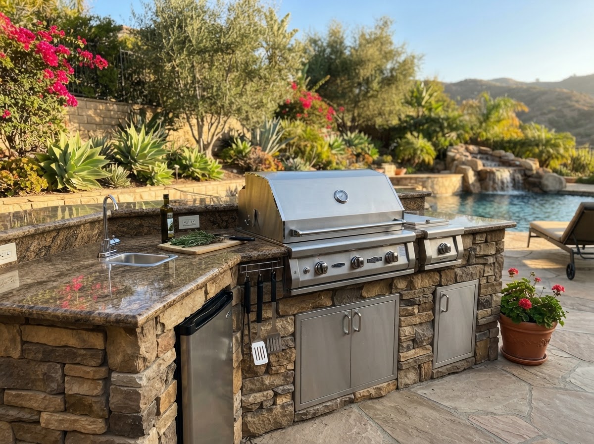 Built-in BBQ grill island with stainless steel grill and stone veneer in Camarillo