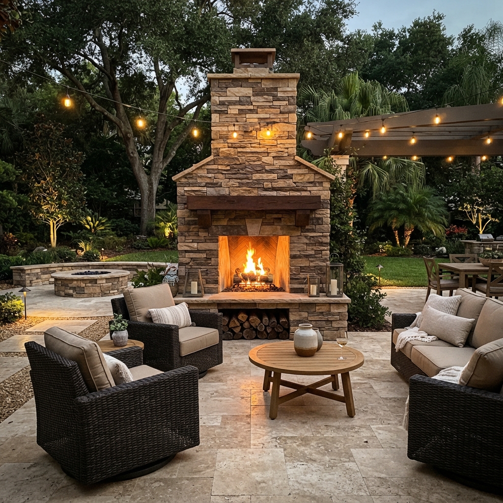 Outdoor fireplace with stone veneer as a backyard focal point in Camarillo