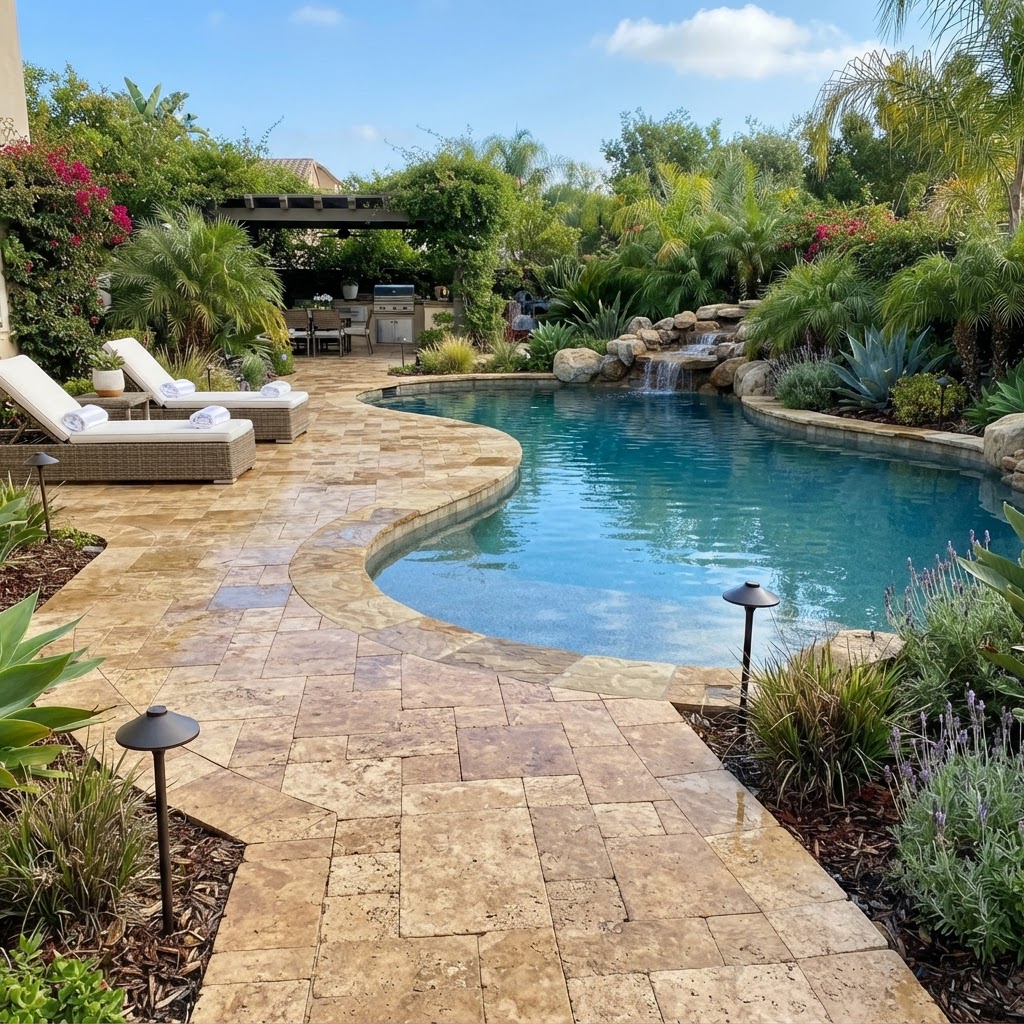 Pool surround with paver decking and landscape lighting in Ventura County