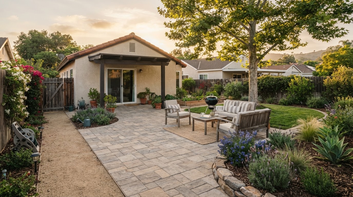 Southern California backyard with paved patio, planting beds, lawn area and outdoor seating