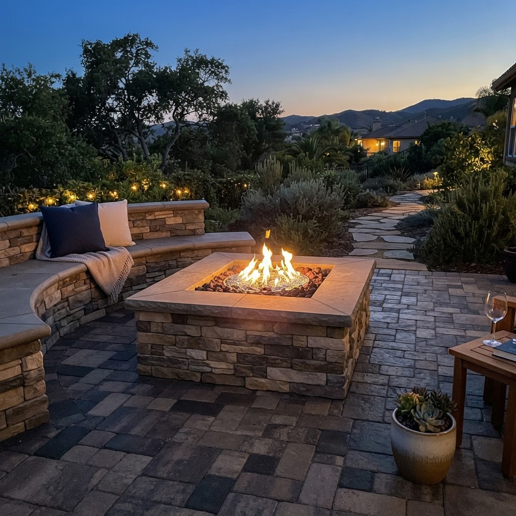 Built-in gas fire pit with stone veneer surround on a paver patio in a Camarillo backyard at dusk