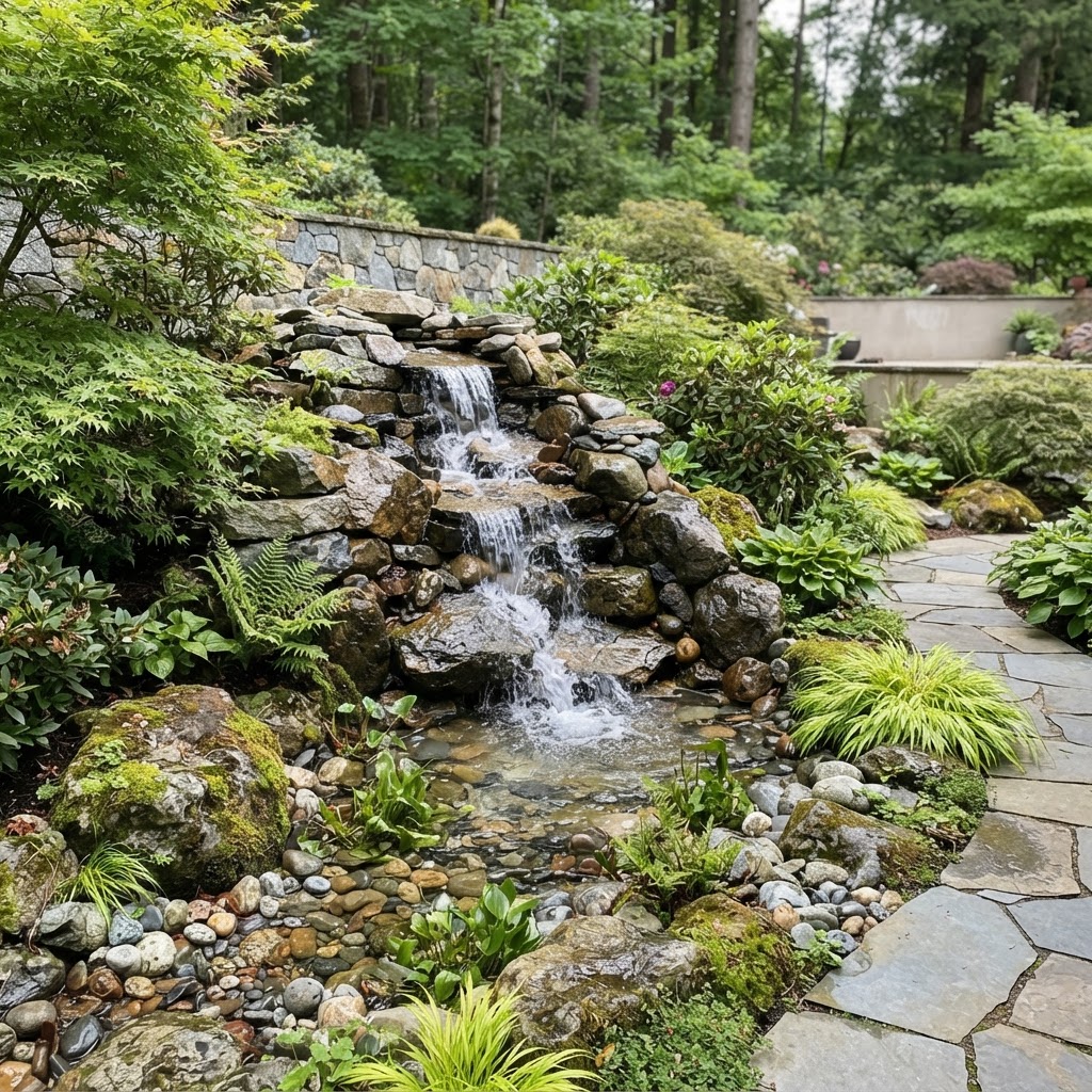 Custom waterfall water feature integrated into landscape in Camarillo