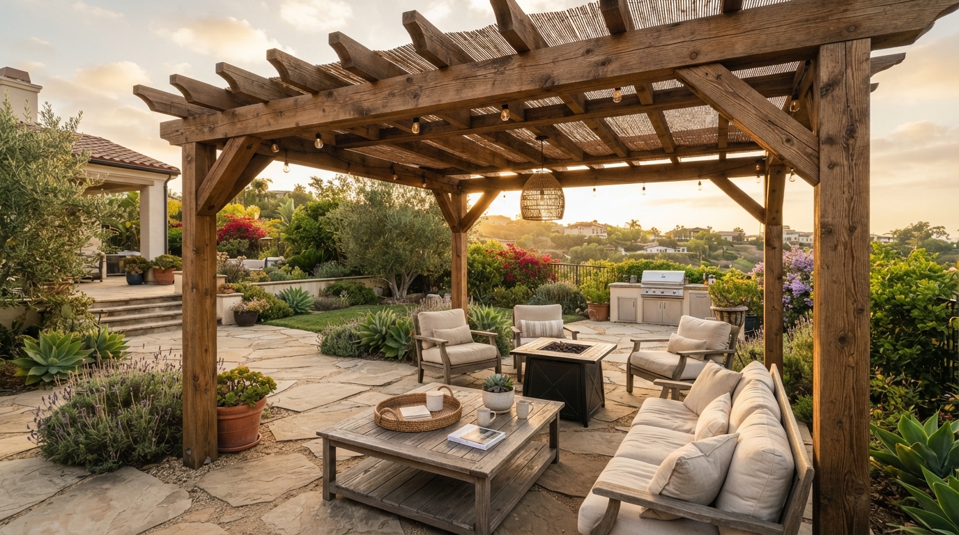 Pergola with covered patio and outdoor seating in Camarillo