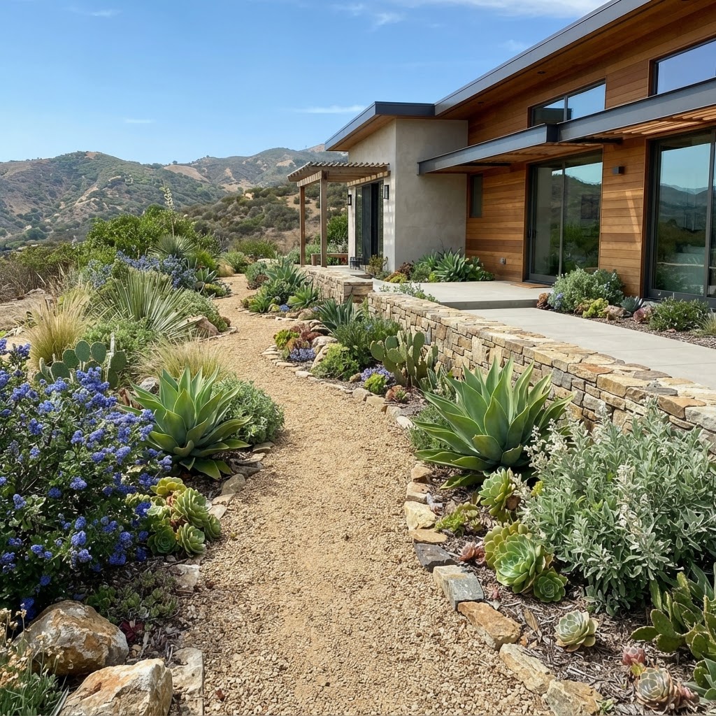 Drought-tolerant landscaping with native plants and gravel in Ventura County