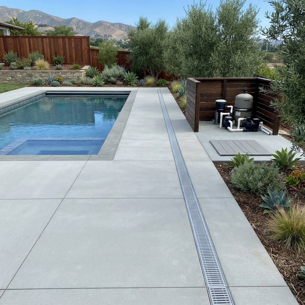 Concrete pool deck replacement with drainage channel and equipment access in a Ventura County backyard