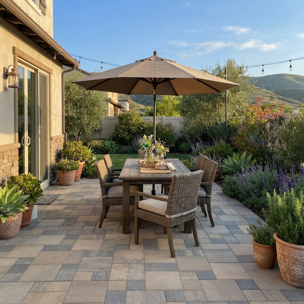 Paver patio with outdoor dining area in a Camarillo backyard with drought-tolerant plants