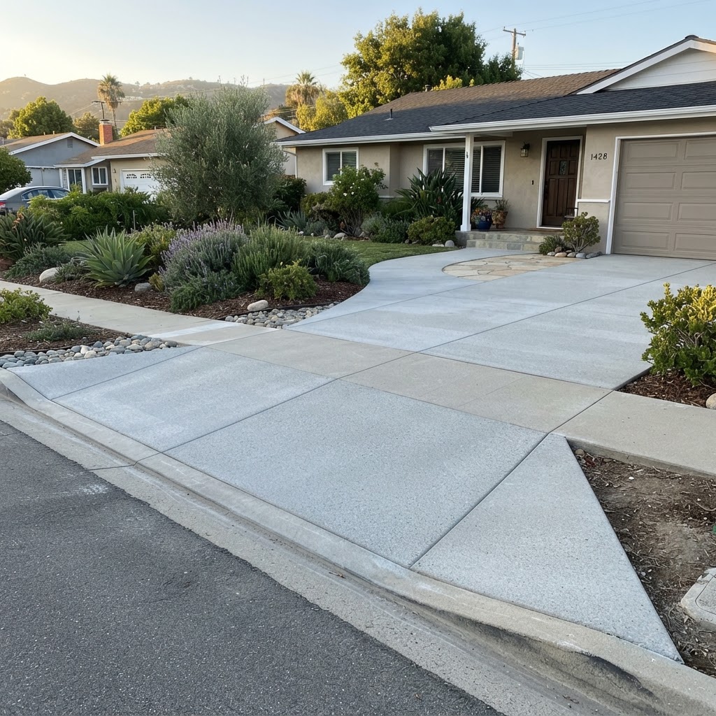Concrete driveway replacement with broom finish connecting to a walkway at a Ventura County home