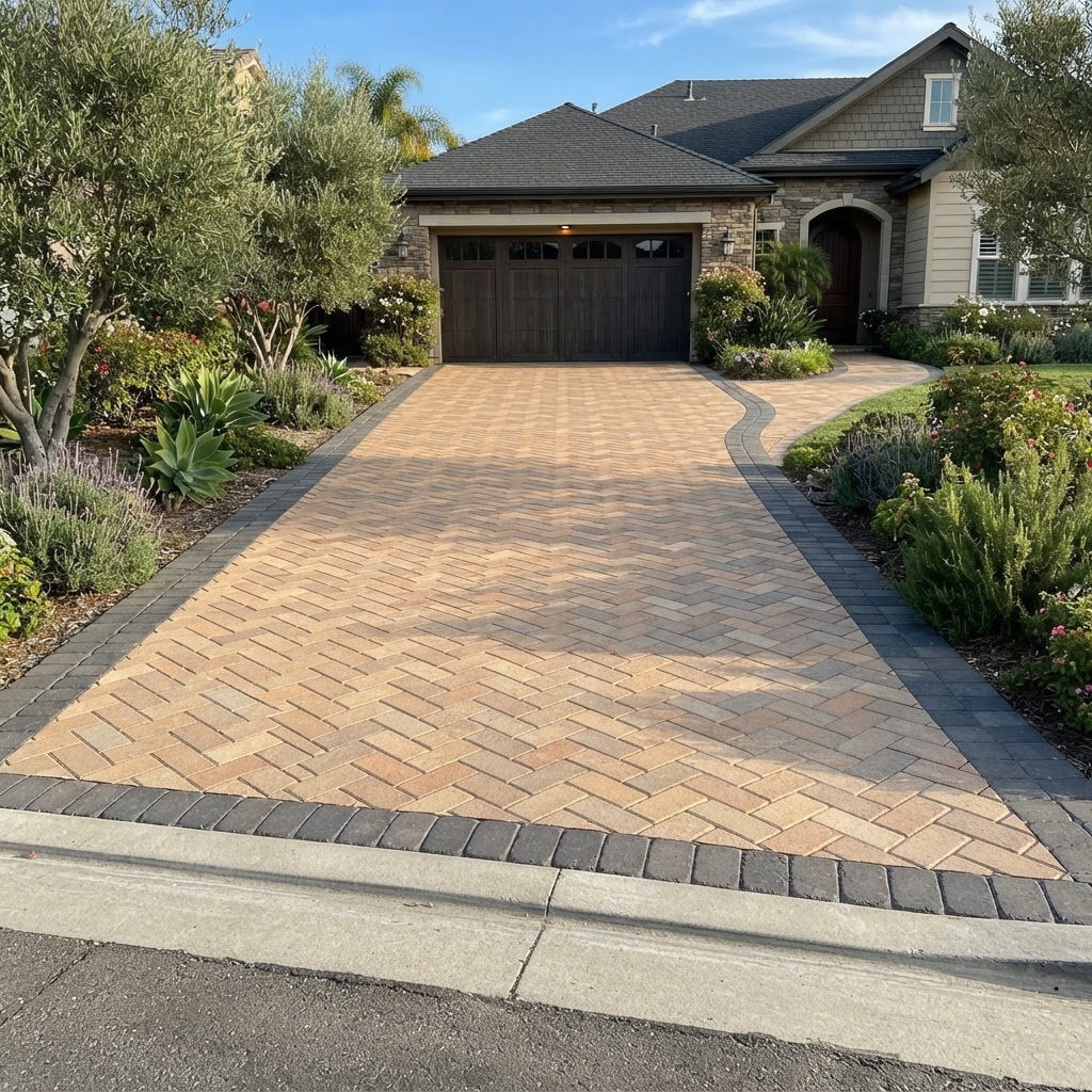 Paver driveway with herringbone pattern and contrasting border at a Camarillo residential property