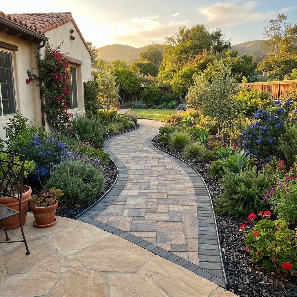 Paver walkway with curved border connecting a patio to a backyard in Ventura County