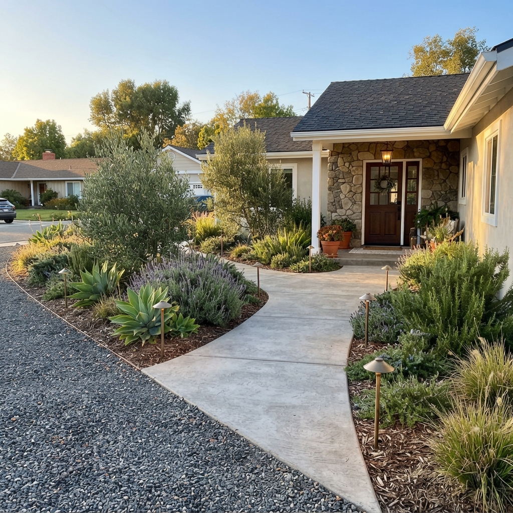 Concrete walkway connecting a driveway to a front entrance in a Ventura County home with landscape lighting