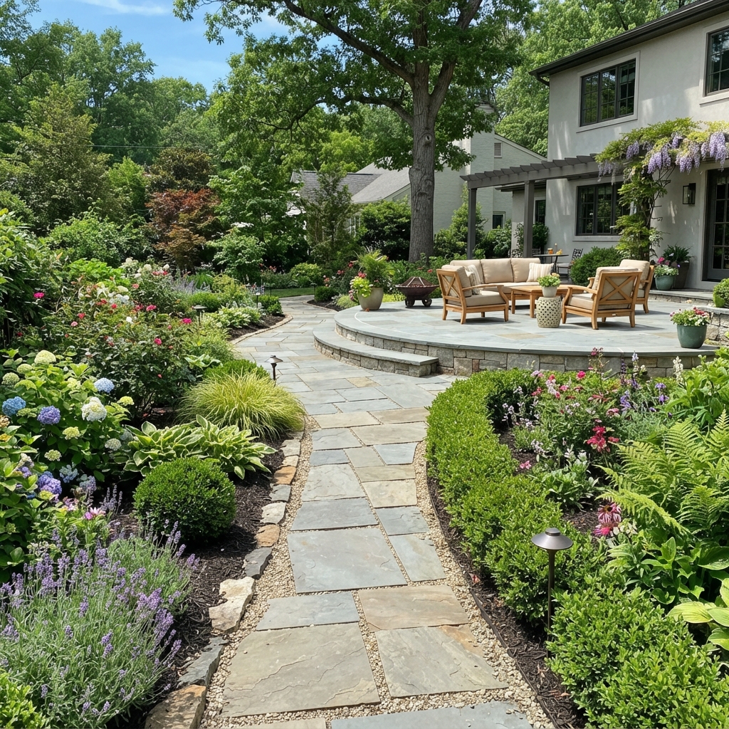 Garden walkway with paver path connecting to patio in Ventura County