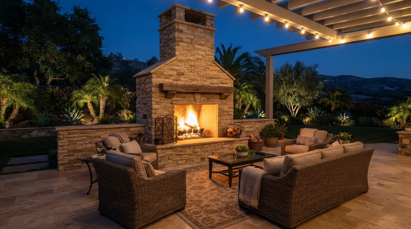 Custom stone outdoor fireplace with hearth and chimney at a Camarillo property