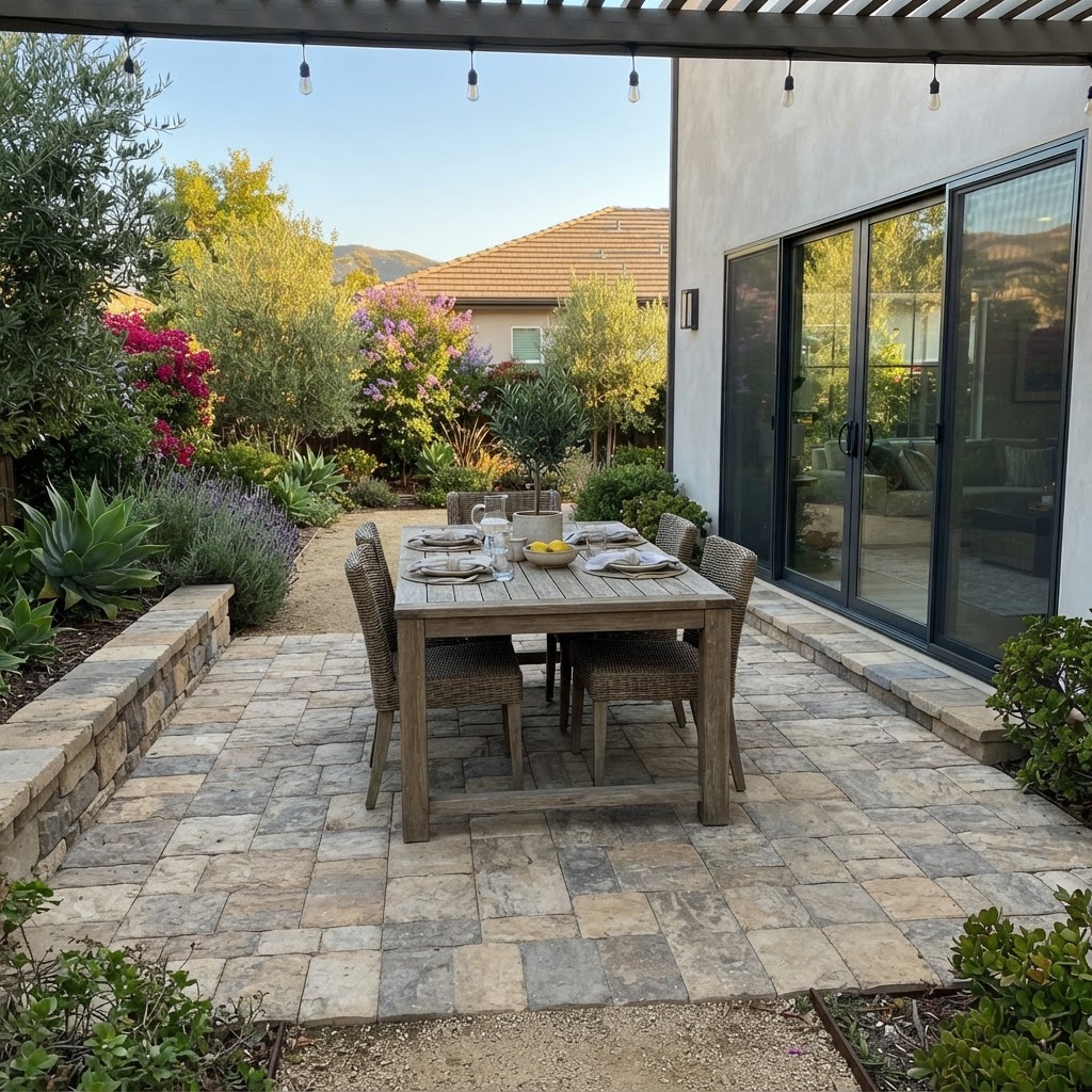 Paver patio with outdoor dining table and chairs in a Camarillo backyard