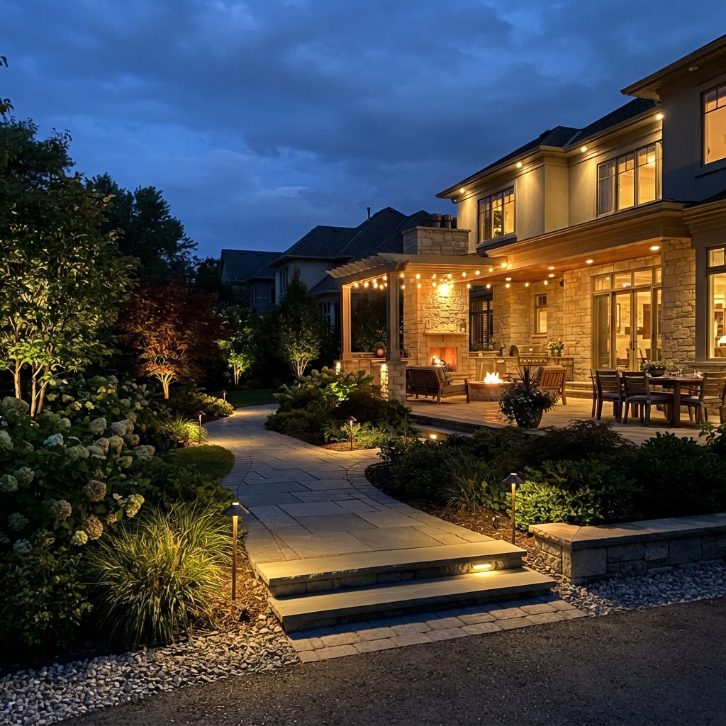 Landscape lighting illuminating a walkway and patio in Camarillo