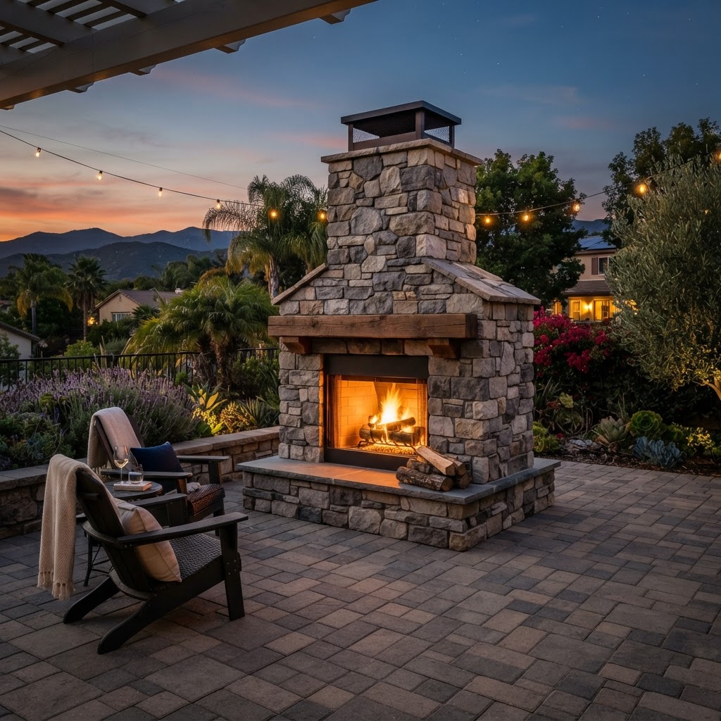 Permanent outdoor fireplace with stone veneer and chimney on a paver patio in a Camarillo backyard