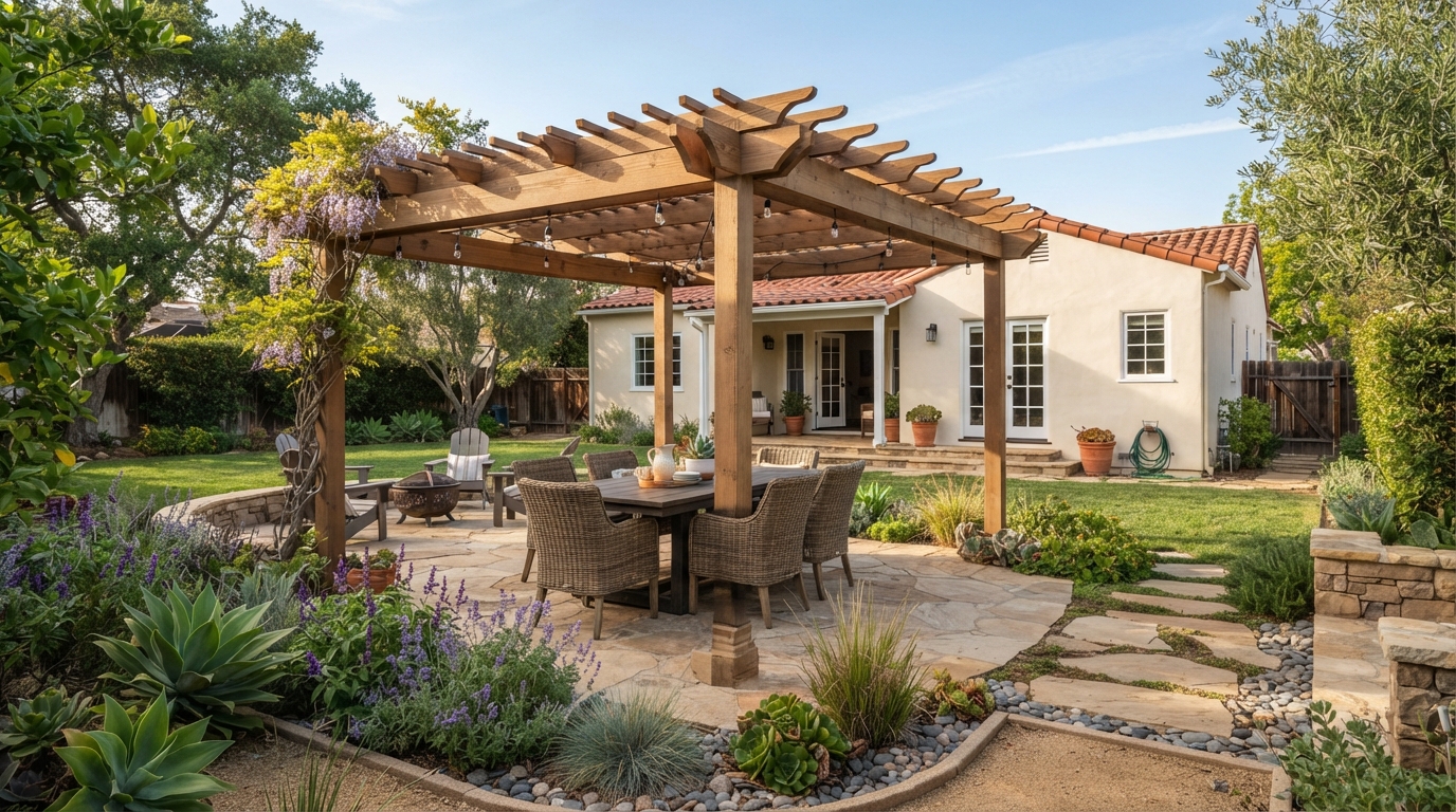 Residential backyard with an open pergola over a paved dining patio and planted borders