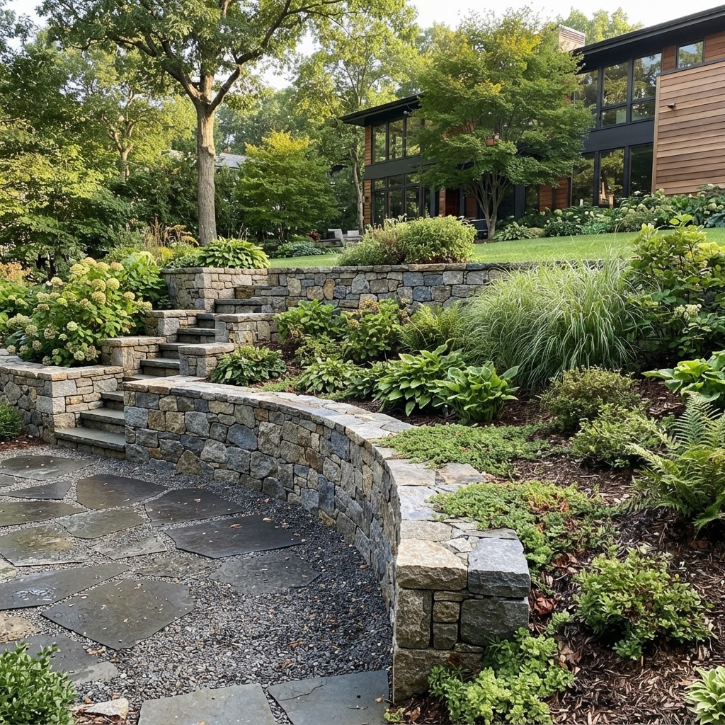 Stone retaining wall managing grade change in a Ventura County backyard