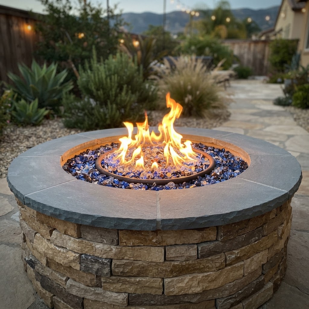Natural stone veneer fire pit enclosure with decorative fire glass media and gas burner flames in a Camarillo landscape project