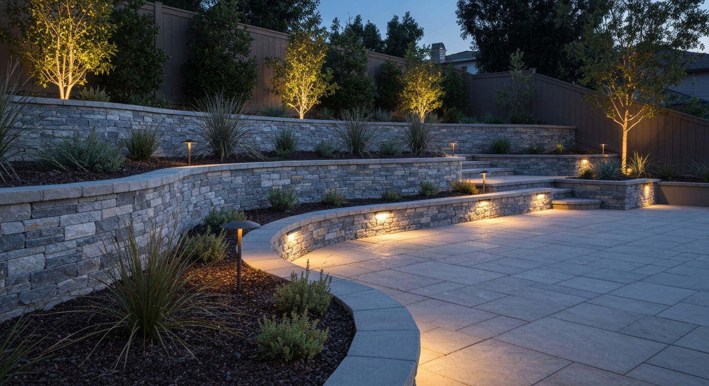 Custom retaining wall with stone veneer on a sloped Camarillo property