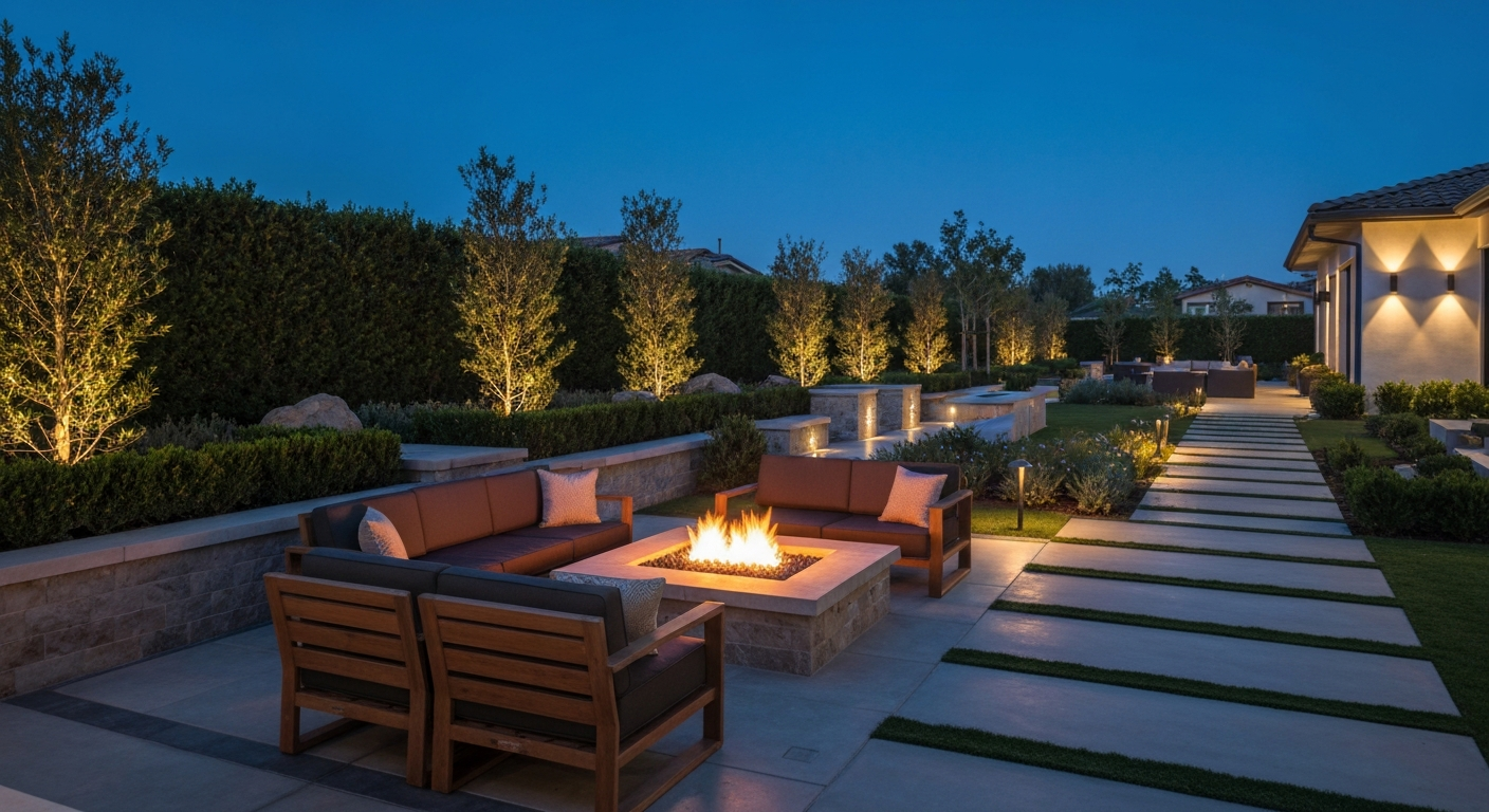 Custom outdoor fire feature with stone veneer and seating area at a Camarillo residence