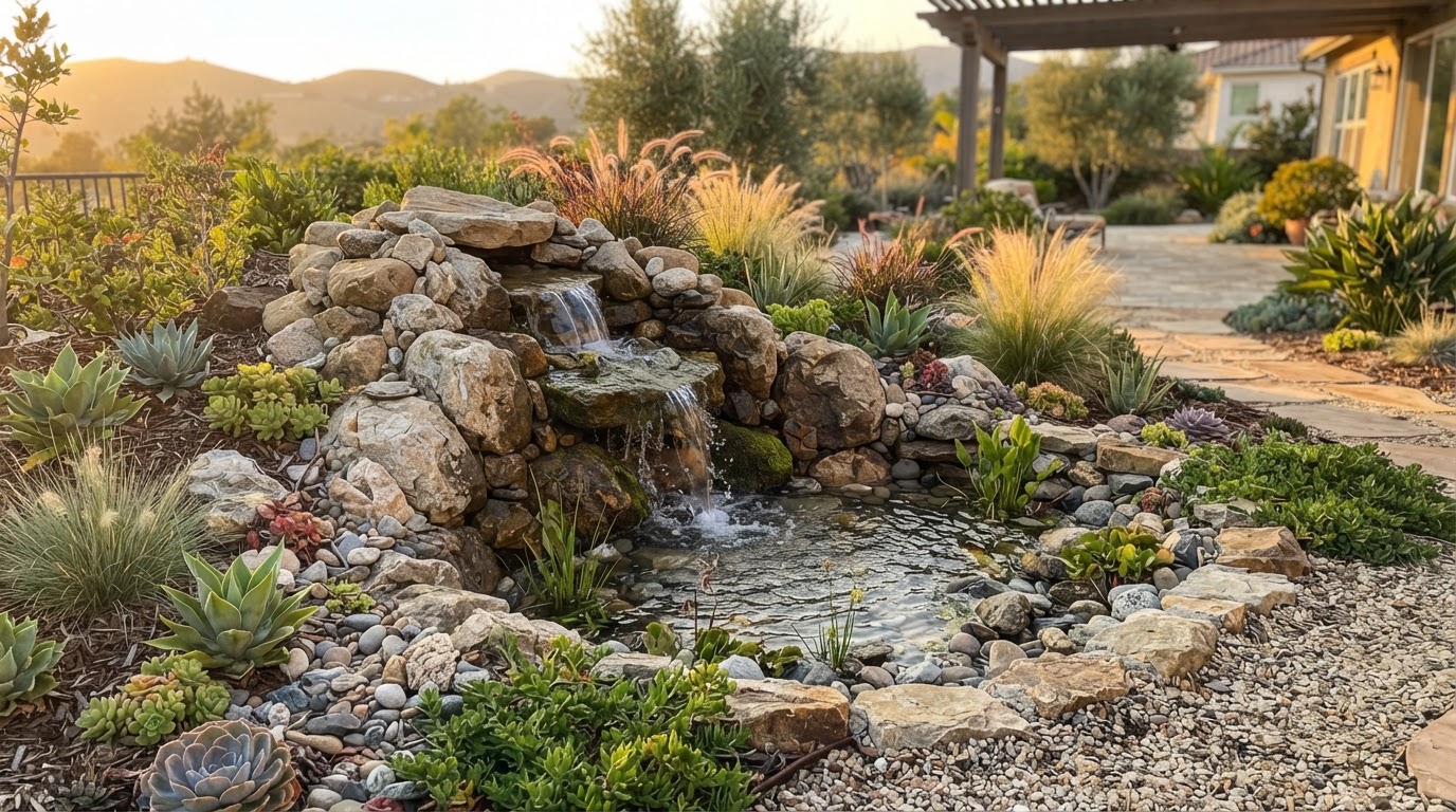 Decorative recirculating waterfall with natural stone and drought-tolerant plants in a Camarillo backyard