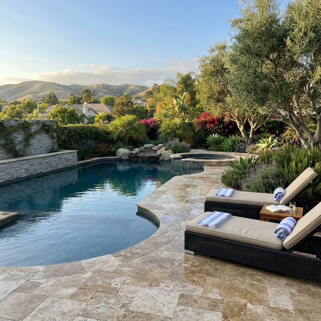 Travertine paver pool surround with lounge chairs and landscape planting in a Camarillo backyard