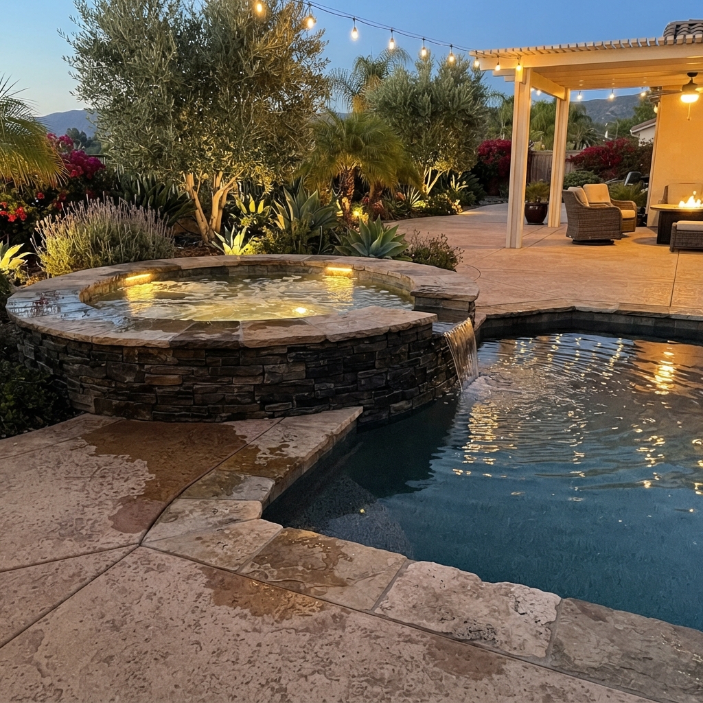 Natural stone pool coping transition with decorative concrete surround and landscape lighting near a spa in Camarillo