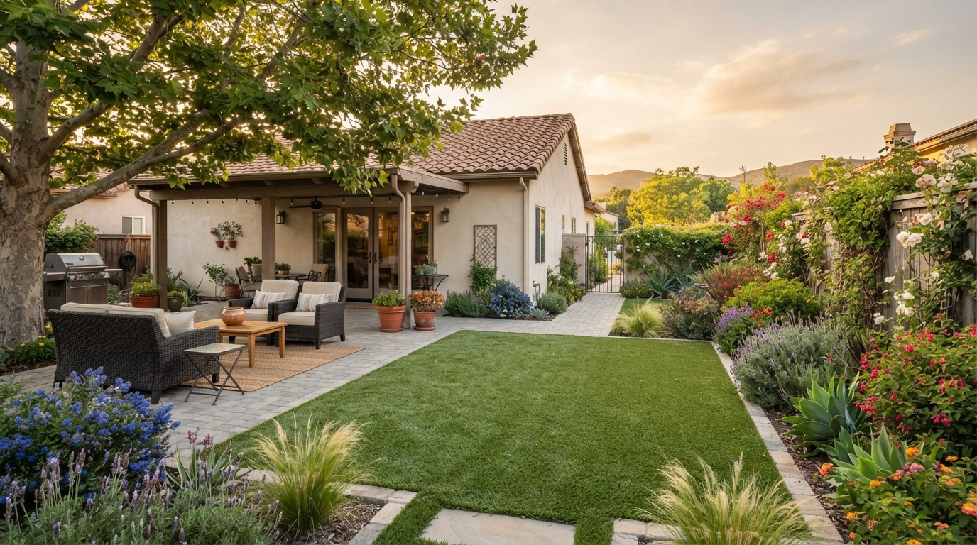 Residential backyard in Camarillo with artificial turf area, planted borders, shade tree, paved patio and outdoor seating